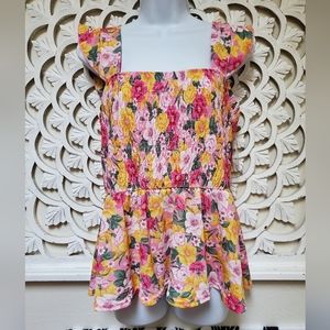 Jolie & Joy Pink Floral Barkcloth Type Fabric Rushed Tank Top 3X